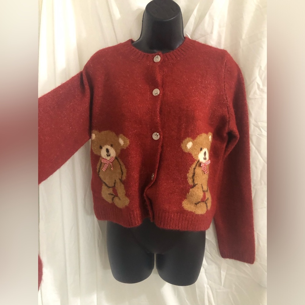 Jessica Simpson dark red cardigan with bowtie‎ teddy bear print size medium new